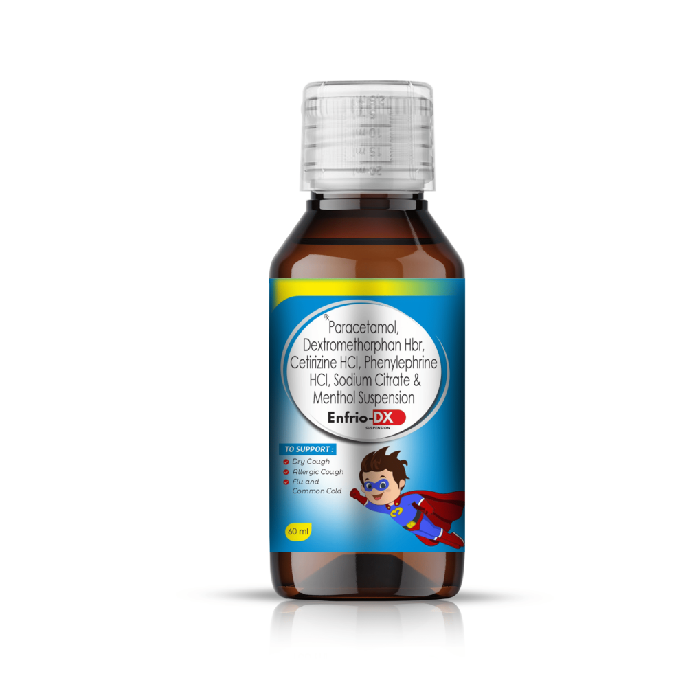 Paracetamol, Dextromethorphan HBr, Cetirizine HCl, Phenylephrine HCl, Sodium Citrate & Menthol Suspension – ENFRIO-DX, Compositions of Paracetamol, Dextromethorphan HBr, Cetirizine HCl, Phenylephrine HCl, Sodium Citrate & Menthol Suspension – ENFRIO-DX are Paracetamol 250 mg+ Phenylephrine  HCL 5mg+ Dextromethorpan 5mg+  Cetrizine 2.5mg+ Sodium Citrate  25mg+Mentho 1Mg, Paracetamol, Dextromethorphan HBr, Cetirizine HCl, Phenylephrine HCl, Sodium Citrate & Menthol Suspension – ENFRIO-DX offered by CistaMedicorp