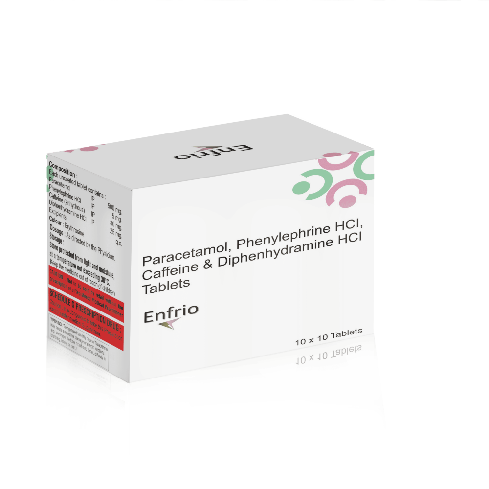 Paracetamol, Phenylephrine Hydrochloride, Caffeine & Diphenhydramine Hydrochloride Tablets – ENFRIO Tablets, Compositions of Paracetamol, Phenylephrine Hydrochloride, Caffeine & Diphenhydramine Hydrochloride Tablets – ENFRIO Tablets are Paracetamol 500 mg, Phenylephrine  HCL 5mg, Diphenlhydramine, Caffeine  Anhydrous 25mg., Paracetamol, Phenylephrine Hydrochloride, Caffeine & Diphenhydramine Hydrochloride Tablets – ENFRIO Tablets offered by CistaMedicorp