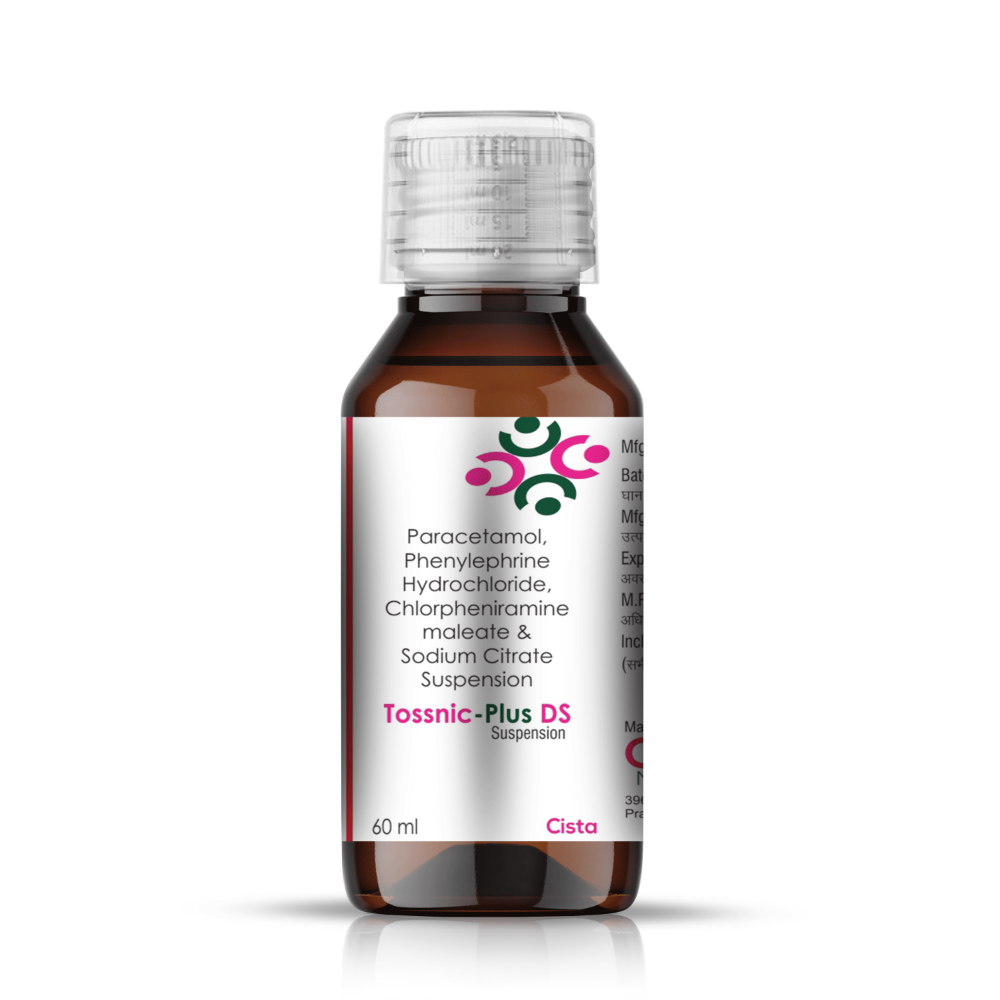 Paracetamol, Phenylephrine Hydrochloride, Chlorpheniramine Maleate & Sodium Citrate Suspension – Tossnic-Plus DS, Compositions of Paracetamol, Phenylephrine Hydrochloride, Chlorpheniramine Maleate & Sodium Citrate Suspension – Tossnic-Plus DS are Paracetamol 250mg + Phenylephrine 5mg + CPM 2mg + Sodium Citrate 60 mg + Menthol 1mg, Paracetamol, Phenylephrine Hydrochloride, Chlorpheniramine Maleate & Sodium Citrate Suspension – Tossnic-Plus DS offered by CistaMedicorp