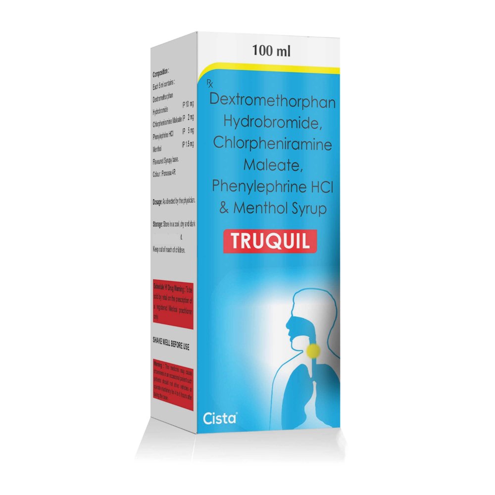 Paracetamol, Phenylephrine Hydrochloride, Chlorpheniramine Maleate & Sodium Citrate Suspension – Truquil 100 Ml, Compositions of Paracetamol, Phenylephrine Hydrochloride, Chlorpheniramine Maleate & Sodium Citrate Suspension – Truquil 100 Ml are Dextromethorphan 10 mg + Chlorpheniramine maleate 2 mg + Phenylephrine 5 mg, Paracetamol, Phenylephrine Hydrochloride, Chlorpheniramine Maleate & Sodium Citrate Suspension – Truquil 100 Ml offered by CistaMedicorp