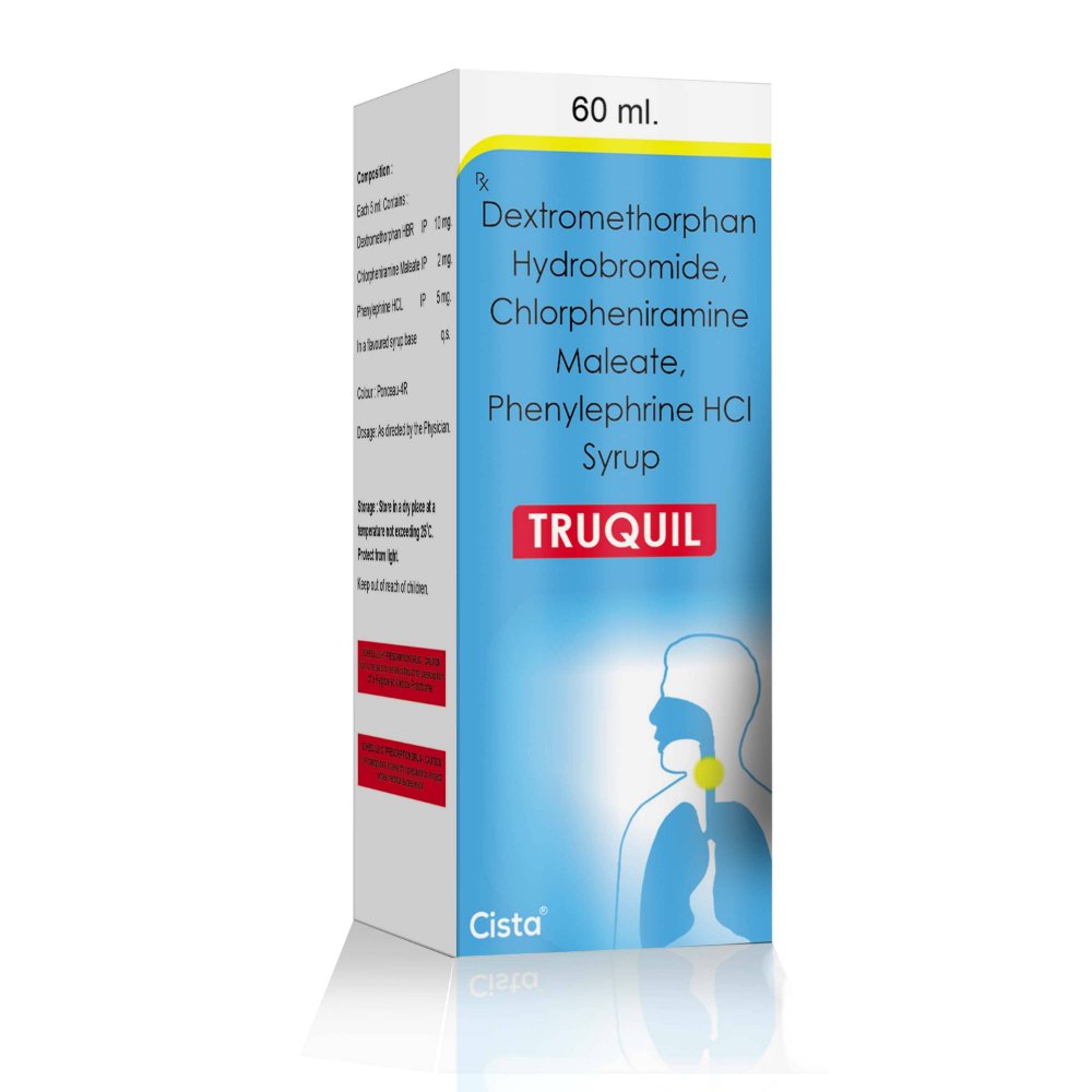 Paracetamol, Phenylephrine Hydrochloride, Chlorpheniramine Maleate & Sodium Citrate Suspension – Truquil 60 Ml, Compositions of Paracetamol, Phenylephrine Hydrochloride, Chlorpheniramine Maleate & Sodium Citrate Suspension – Truquil 60 Ml are Dextromethorphan 10 mg + Chlorphenrimine maleate 2 mg + Phenylephrine 5 mg, Paracetamol, Phenylephrine Hydrochloride, Chlorpheniramine Maleate & Sodium Citrate Suspension – Truquil 60 Ml offered by CistaMedicorp