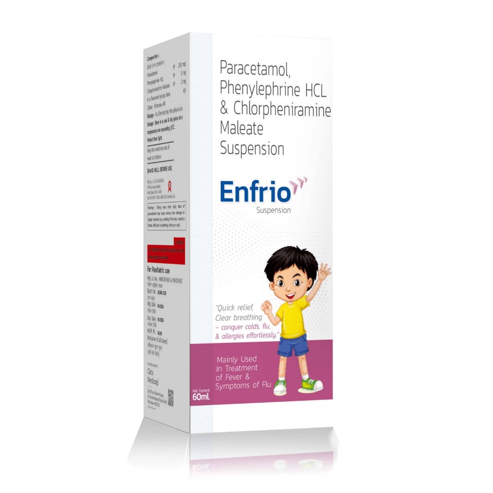 Paracetamol, Phenylephrine Hydrochloride & Chlorpheniramine Maleate Suspension – Enfrio Suspension, Compositions of Paracetamol, Phenylephrine Hydrochloride & Chlorpheniramine Maleate Suspension – Enfrio Suspension are CPM 2mg +  Phenylephrine 5mg + Paracetamol 250 mg, Paracetamol, Phenylephrine Hydrochloride & Chlorpheniramine Maleate Suspension – Enfrio Suspension offered by CistaMedicorp