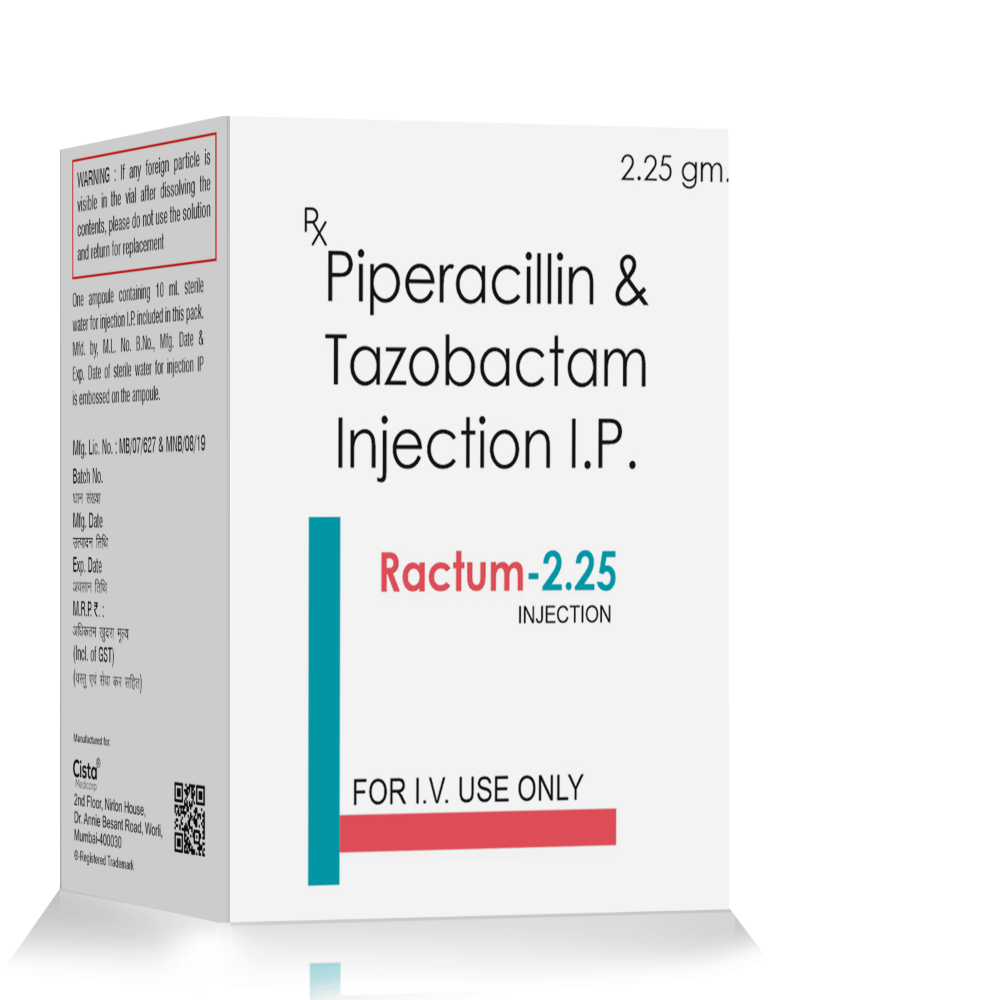 Piperacillin 2 Gm + Tazobactam 250 Mg Injection – Ractum 2.25, Compositions of Piperacillin 2 Gm + Tazobactam 250 Mg Injection – Ractum 2.25 are Piperacillin 2 gm + Tazobactam 250 mg, Piperacillin 2 Gm + Tazobactam 250 Mg Injection – Ractum 2.25 offered by CistaMedicorp