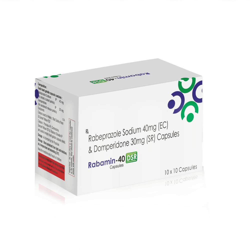 Rabeprazole Sodium (EC) & Domperidone SR Capsules – Rabamin 40 DSR, Compositions of Rabeprazole Sodium (EC) & Domperidone SR Capsules – Rabamin 40 DSR are Rabeprazole 40mg (EC) + Domperidone 30mg(SR), Rabeprazole Sodium (EC) & Domperidone SR Capsules – Rabamin 40 DSR offered by CistaMedicorp