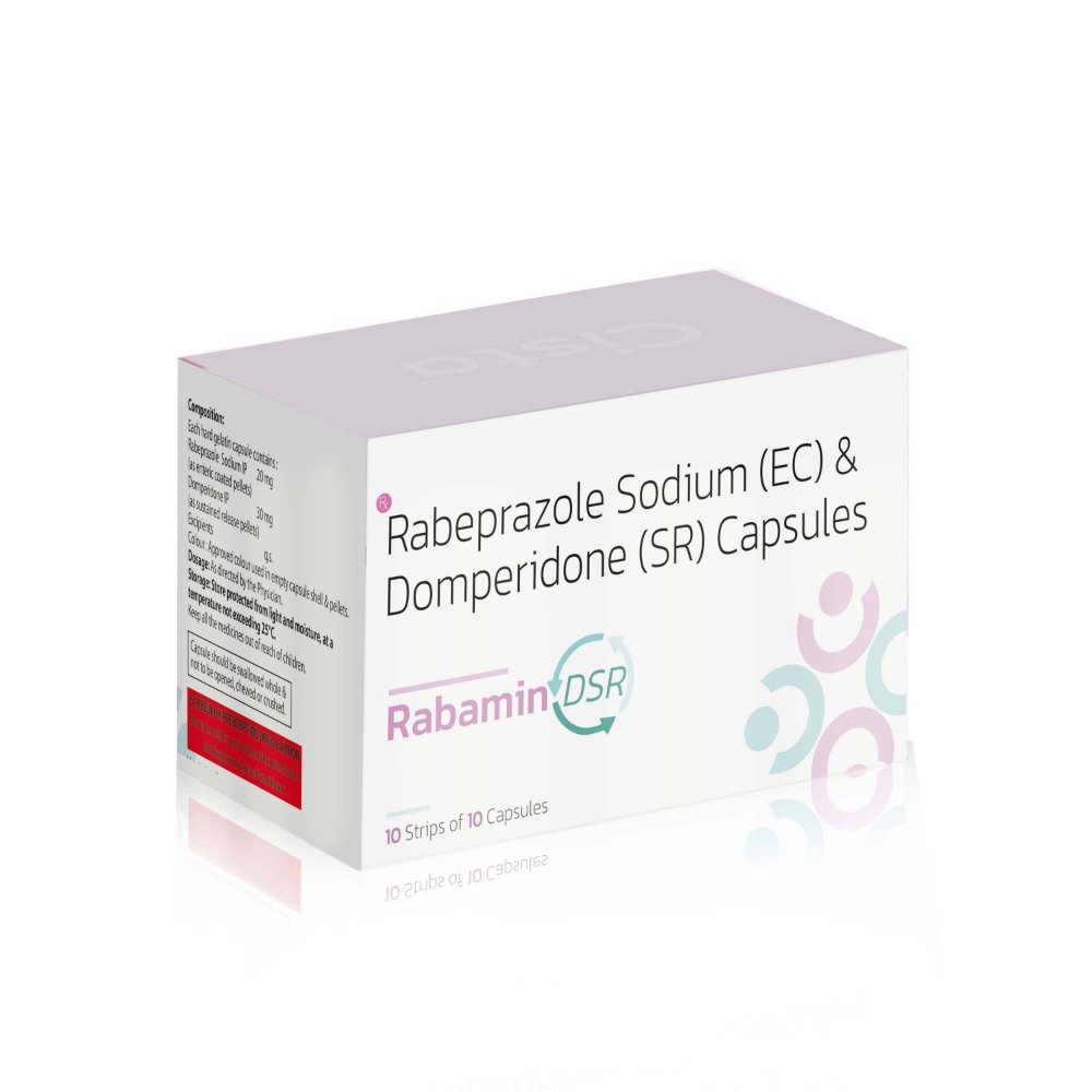 Rabeprazole Sodium (EC) & Domperidone (SR) Capsules – Rabamin DSR, Compositions of Rabeprazole Sodium (EC) & Domperidone (SR) Capsules – Rabamin DSR are Rabeprazole 20mg + Domperidone  30mg (10mg intant release+ 20mg  sustained release), Rabeprazole Sodium (EC) & Domperidone (SR) Capsules – Rabamin DSR offered by CistaMedicorp