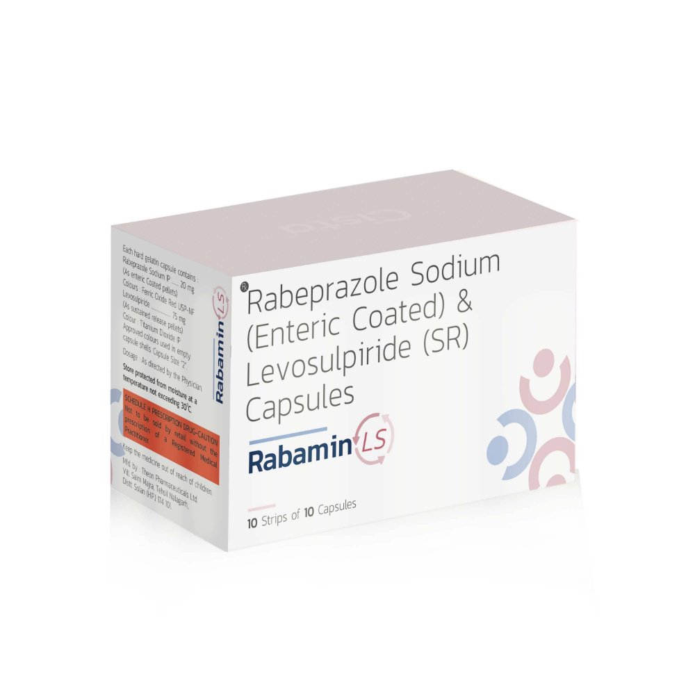 Rabeprazole Sodium (Enteric Coated) & Levosulpiride Sustained Release Capsules – Rabamin LS, Compositions of Rabeprazole Sodium (Enteric Coated) & Levosulpiride Sustained Release Capsules – Rabamin LS are Rabeprazole Sodium 20 mg,  Levosulpiride 75 mg, Rabeprazole Sodium (Enteric Coated) & Levosulpiride Sustained Release Capsules – Rabamin LS offered by CistaMedicorp