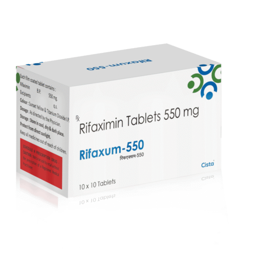 Rifaximin Tablets 550 Mg – Rifaxum-550, Compositions of Rifaximin Tablets 550 Mg – Rifaxum-550 are Rifaximin 550 mg, Rifaximin Tablets 550 Mg – Rifaxum-550 offered by Cista Medicorp
