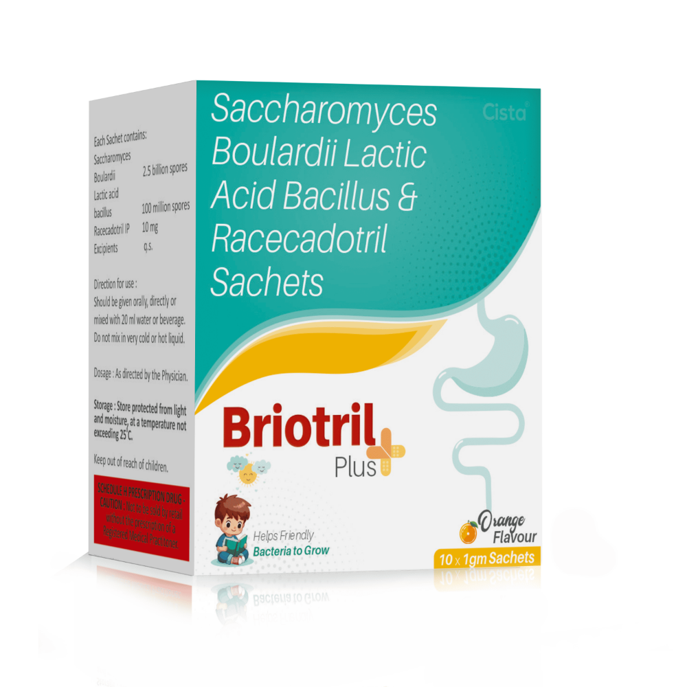 Saccharomyces Boulardii, Lactic Acid Bacillus & Racecadotril Sachets – BRIOTRIL PLUS, Compositions of Saccharomyces Boulardii, Lactic Acid Bacillus & Racecadotril Sachets – BRIOTRIL PLUS are Saccharomyces Boulardii 2.5 billion spores Lactic acid bacillus 100 million spores Racecadotril IP 10 mg (Orange Flavour), Saccharomyces Boulardii, Lactic Acid Bacillus & Racecadotril Sachets – BRIOTRIL PLUS offered by CistaMedicorp