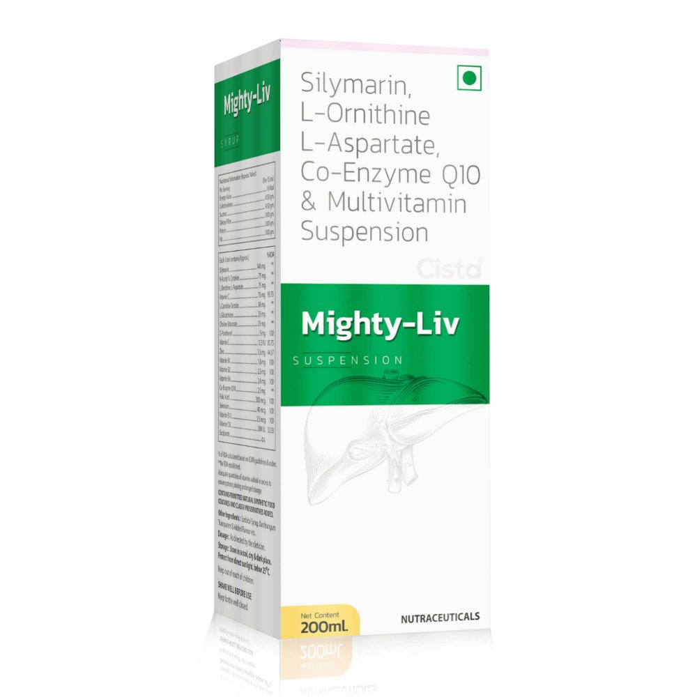 Silymarin L-Ornithine L-Aspartate Coenzyme Q10 & Multivitamin Suspension – Mighty Liv Suspension, Compositions of Silymarin L-Ornithine L-Aspartate Coenzyme Q10 & Multivitamin Suspension – Mighty Liv Suspension are Silymarin 140 mg + N-Acetyl Cysteine LCysteine 75 mg + LOLA 75 mg + Vitamin  C 75 mg + L Carnitine 50 mg + LGlutathione 25 mg + Choline Bitartrate  25 mg + D-Panthenol 15 mg + Vitamin E  12.5 mg + Zinc 7.5 mg + Vitamin B1, B2,  B6, B12 + Coenzyme Q10 2.5 mg + Folic  Acid 500 mcg + Selenium 100 mg +  Vitamin D3 200 IU, Silymarin L-Ornithine L-Aspartate Coenzyme Q10 & Multivitamin Suspension – Mighty Liv Suspension offered by CistaMedicorp