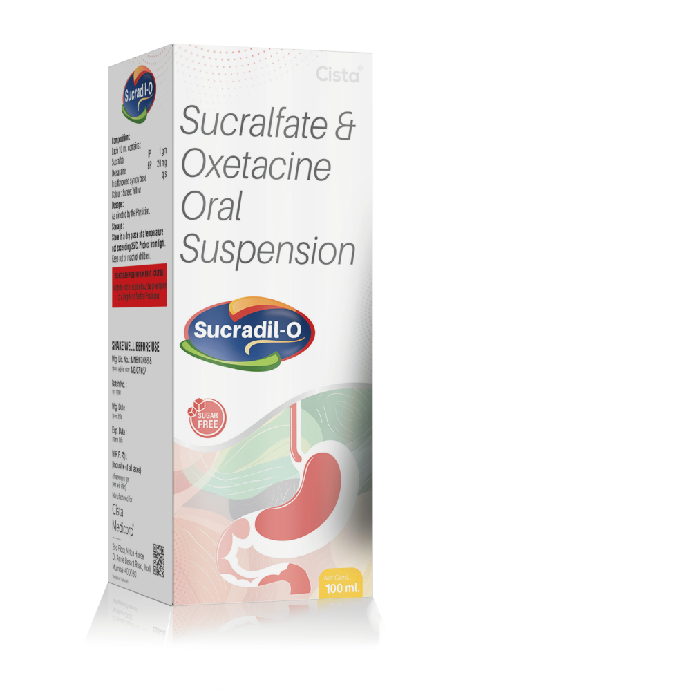 Sucralfate & Oxetacaine Oral Suspension Sucradil O – 100 Ml, Compositions of Sucralfate & Oxetacaine Oral Suspension Sucradil O – 100 Ml are Sucralfate1000MG with Oxetacine20MG, Sucralfate & Oxetacaine Oral Suspension Sucradil O – 100 Ml offered by CistaMedicorp