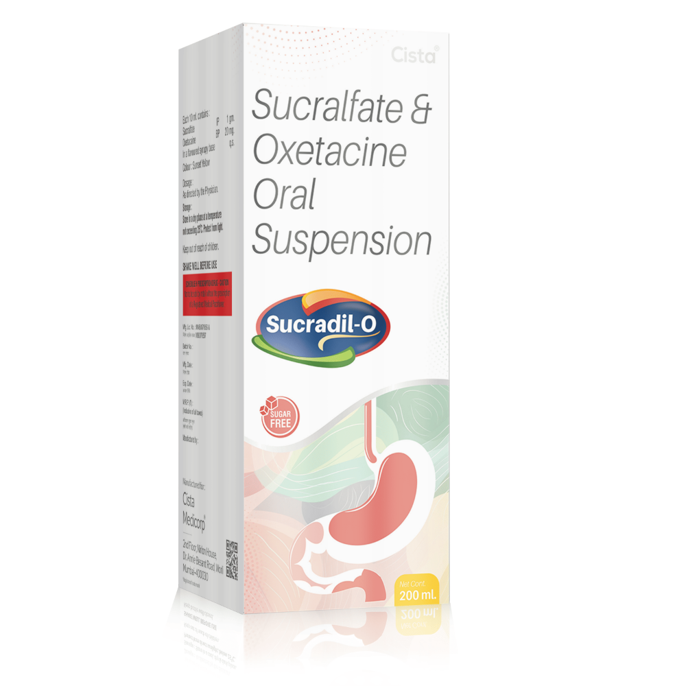 Sucralfate & Oxetacaine Oral Suspension – Sucradil O – 200 Ml, Compositions of Sucralfate & Oxetacaine Oral Suspension – Sucradil O – 200 Ml are Sucralfate 1gm+ Oxetacaine 20 mg., Sucralfate & Oxetacaine Oral Suspension – Sucradil O – 200 Ml offered by CistaMedicorp
