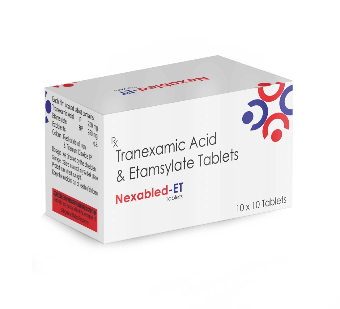 Tranexamic Acid & Ethamsylate Tablets – Nexabled ET, Compositions of Tranexamic Acid & Ethamsylate Tablets – Nexabled ET are Etamsylate 250mg + Tranexamic Acid  250 mg, Tranexamic Acid & Ethamsylate Tablets – Nexabled ET offered by CistaMedicorp