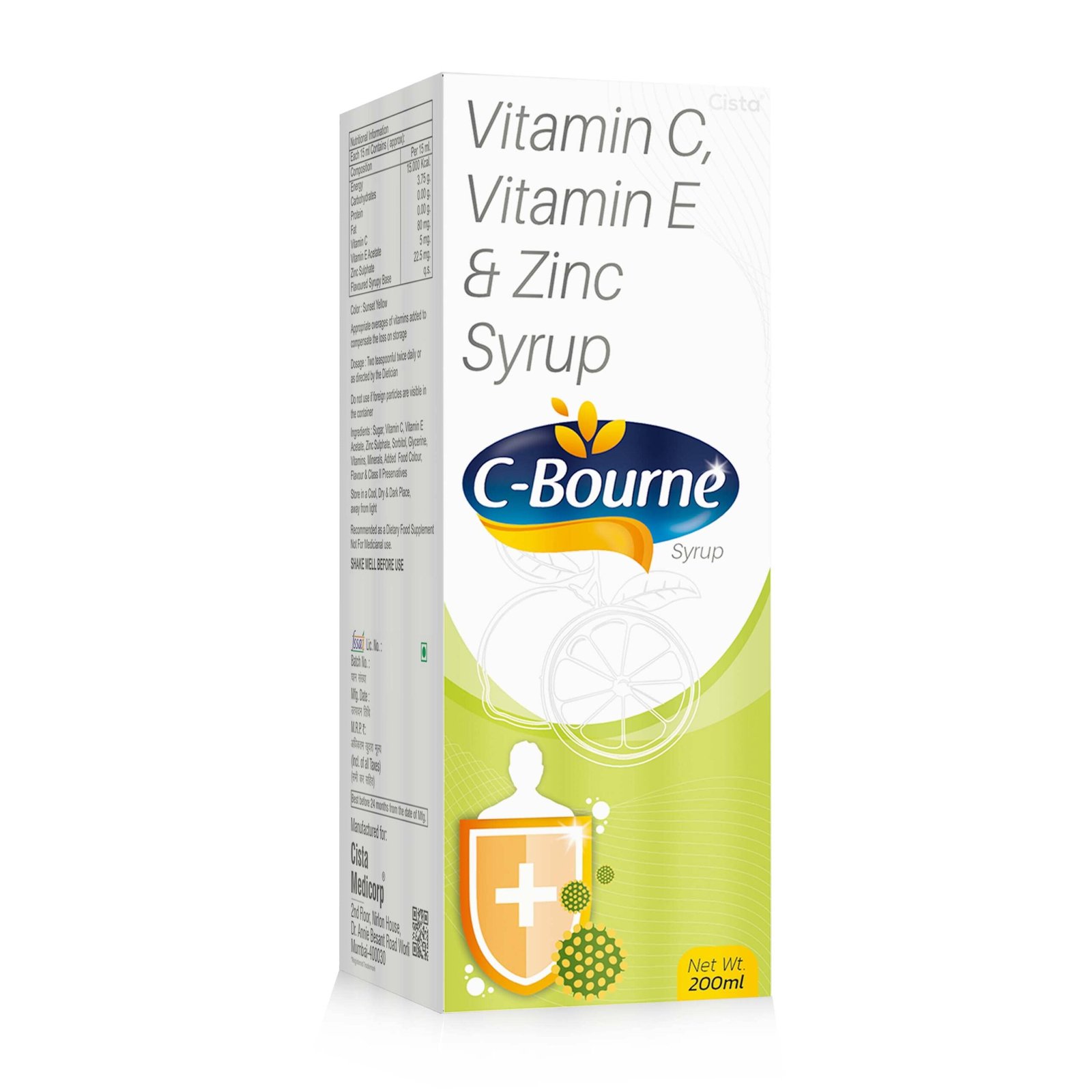 Vitamin C, Vitamin E & Zinc Syrup – C-Bourne Syrup, Compositions of Vitamin C, Vitamin E & Zinc Syrup – C-Bourne Syrup are Vitamin C 80mg+ Vitamin E Acetate 5mg+ Zinc Sulphate 22.5 mg, Vitamin C, Vitamin E & Zinc Syrup – C-Bourne Syrup offered by CistaMedicorp