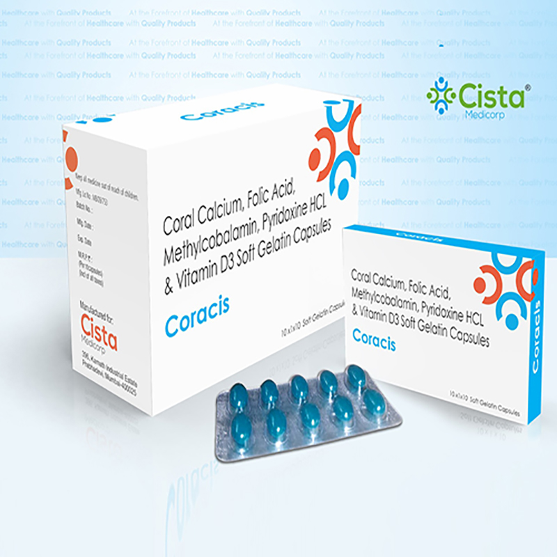 Coracis Soft Gelatin Capsules with Coral Calcium 500mg + Methylcobalamin 1500mcg + Pyridoxine HCL + Vitamin D3 1000 IU 