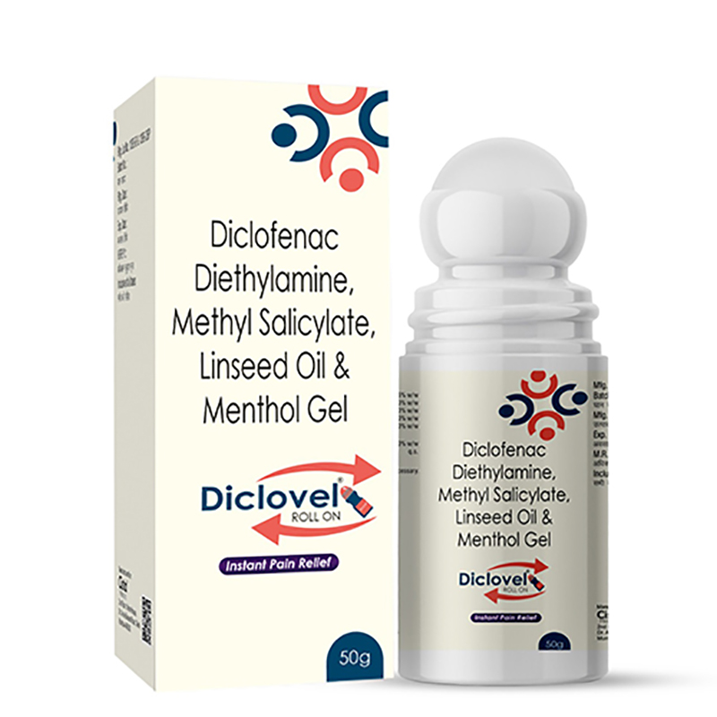 Diclovel Roll On Roll On with Diclofenac Diethylamine 1.16%w/w e.q.  to Diclofenac Sodium 1% w/w+Methyl  Salicylate 10%w/w+ Linseed oil 3%  w/w +Menthol 5% w/w 