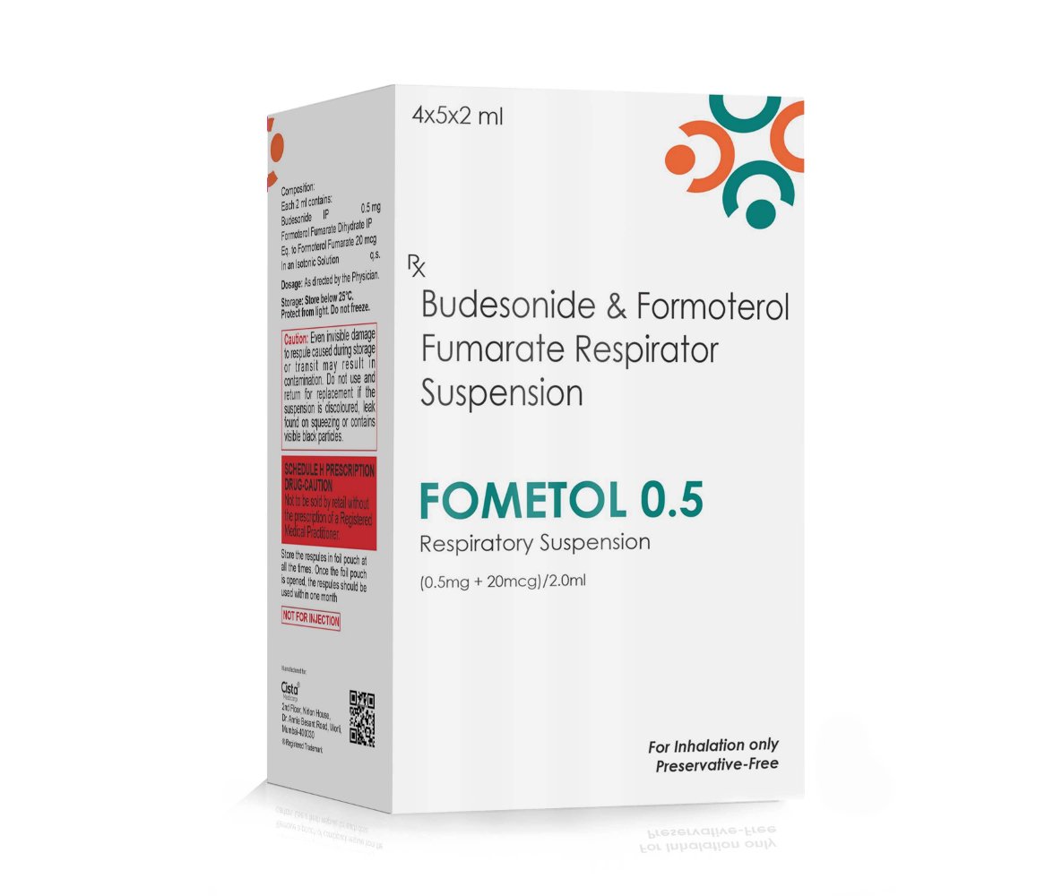 Budesonide & Formoterol Fumarate Respirator Suspension – FOMETOL-0.5 Respules, Compositions of Budesonide & Formoterol Fumarate Respirator Suspension – FOMETOL-0.5 Respules are Budesonide 0.5 , Formoterol fumarate 20mcg, Budesonide & Formoterol Fumarate Respirator Suspension – FOMETOL-0.5 Respules offered by CistaMedicorp