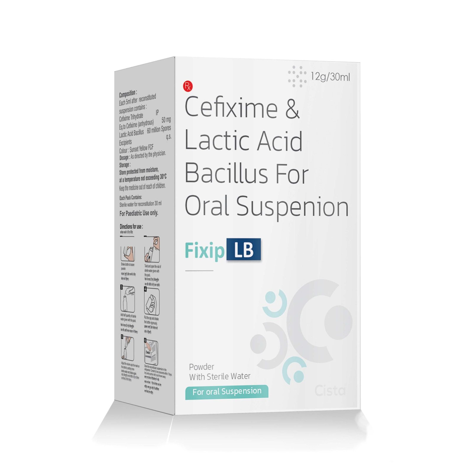 Cefixime & Lactic Acid Bacillus Oral Suspension – FIXIP LB, Compositions of Cefixime & Lactic Acid Bacillus Oral Suspension – FIXIP LB are Cefixime 50mg/5ml + Lactic Acid Bacillus With water, Cefixime & Lactic Acid Bacillus Oral Suspension – FIXIP LB offered by CistaMedicorp
