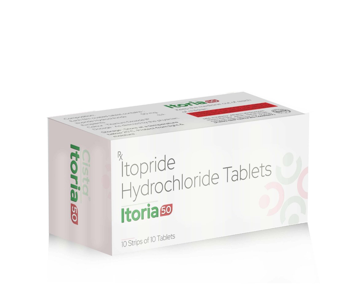 Itopride Hydrochloride Tablets – ITORIA-50, Compositions of Itopride Hydrochloride Tablets – ITORIA-50 are ITOPRIDE 50MG, Itopride Hydrochloride Tablets – ITORIA-50 offered by CistaMedicorp