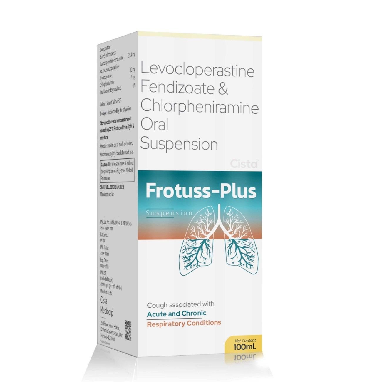 Levocloperastine Fendizoate & Chlorpheniramine Oral Suspension – FROTUSS PLUS, Compositions of Levocloperastine Fendizoate & Chlorpheniramine Oral Suspension – FROTUSS PLUS are Levocloperastine Fendizoate 35.4 mg equivalent to 20 mg+ CPM 4 mg, Levocloperastine Fendizoate & Chlorpheniramine Oral Suspension – FROTUSS PLUS offered by CistaMedicorp