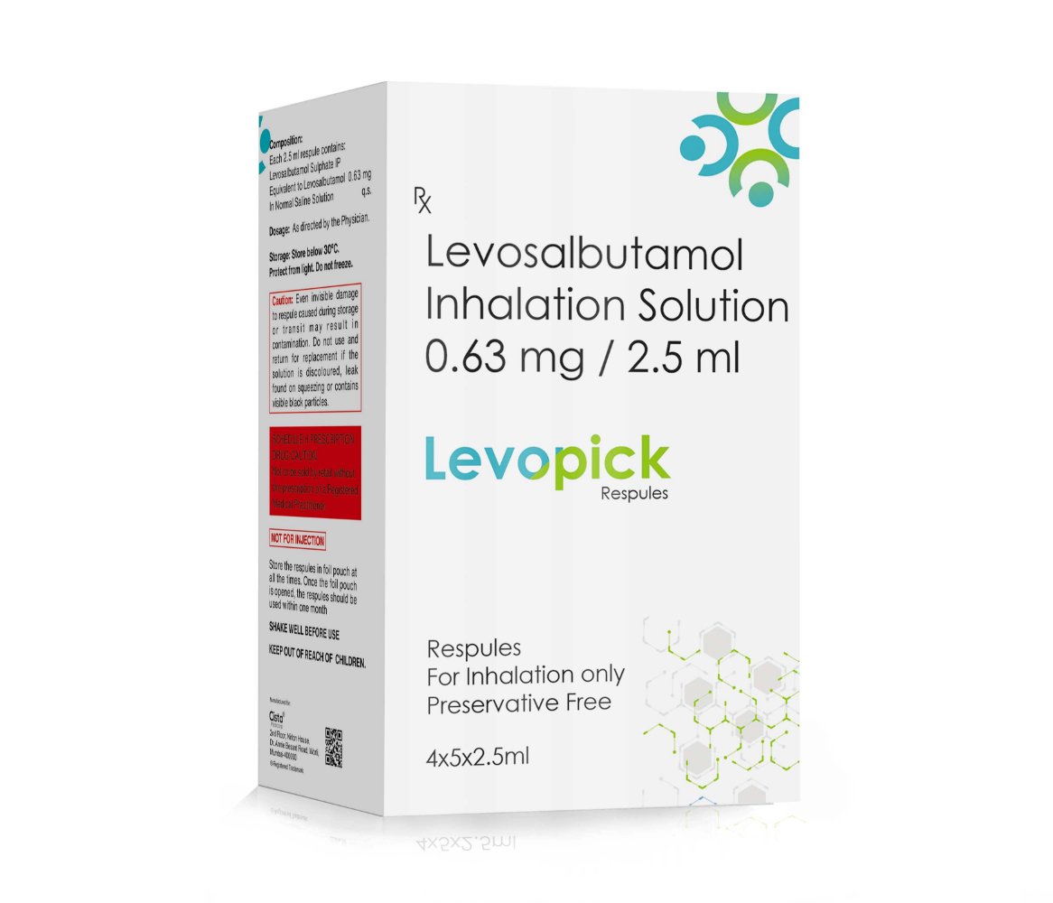 Levosalbutamol Inhalation Solution – LEVOPICK Respules, Compositions of Levosalbutamol Inhalation Solution – LEVOPICK Respules are Levosalbutamol Sulphate ip 0.63mg(eq. to Levosalbutamol) In an normal Saline Solution, Levosalbutamol Inhalation Solution – LEVOPICK Respules offered by CistaMedicorp