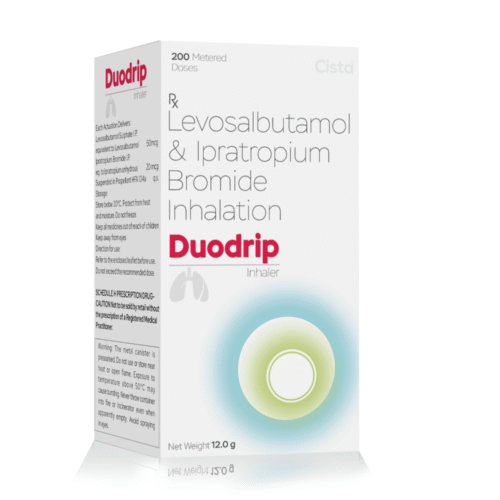 Levosalbutamol & Ipratropium Bromide Inhalation – DUODRIP Inhaler, Compositions of Levosalbutamol & Ipratropium Bromide Inhalation – DUODRIP Inhaler are Levosulbutamol 50 mcg + Ipratropium 20 mcg, Levosalbutamol & Ipratropium Bromide Inhalation – DUODRIP Inhaler offered by Cista Medicorp