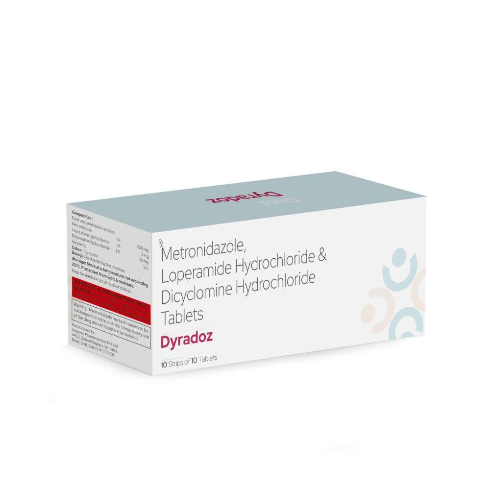 Metronidazole, Loperamide Hydrochloride & Dicyclomine Hydrochloride Tablets – Dyradoz Tablets, Compositions of Metronidazole, Loperamide Hydrochloride & Dicyclomine Hydrochloride Tablets – Dyradoz Tablets are Metronidazole IP 200mg + Loperamide HCL IP 2mg + Dicyclomine HCL IP 20mg, Metronidazole, Loperamide Hydrochloride & Dicyclomine Hydrochloride Tablets – Dyradoz Tablets offered by CistaMedicorp