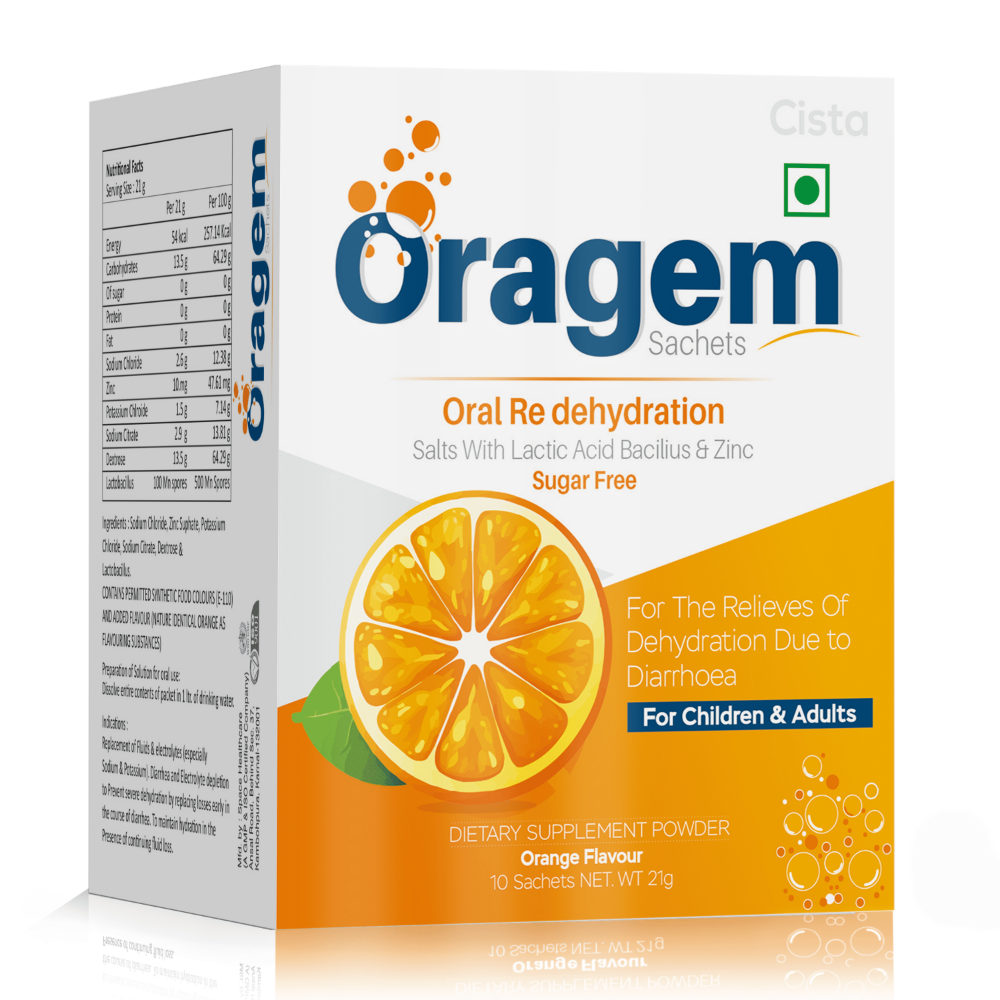 Rehydration Salts with Lactic Acid Bacillus & Zinc Powder – ORAGEM Sachet, Compositions of Rehydration Salts with Lactic Acid Bacillus & Zinc Powder – ORAGEM Sachet are Sodium chloride 2.6g, potassium chloride 1.5 g sodium citrate 2.9g dextrose (anhydrous)  13.5 g (ORANGE FLAVOUR), Rehydration Salts with Lactic Acid Bacillus & Zinc Powder – ORAGEM Sachet offered by CistaMedicorp