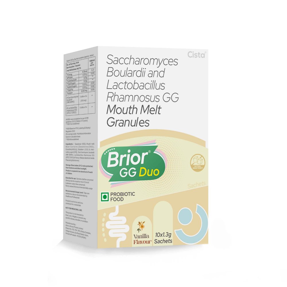 Saccharomyces Boulardii & Lactobacillus Rhamnosus GG Sachets – BRIOR GG DUO, Compositions of Saccharomyces Boulardii & Lactobacillus Rhamnosus GG Sachets – BRIOR GG DUO are Saccharomyces boulardii (MB SBM6) 5Billion cfu (250g), Lactobacillus Rhamnosus GG (ATCC53103), Saccharomyces Boulardii & Lactobacillus Rhamnosus GG Sachets – BRIOR GG DUO offered by CistaMedicorp