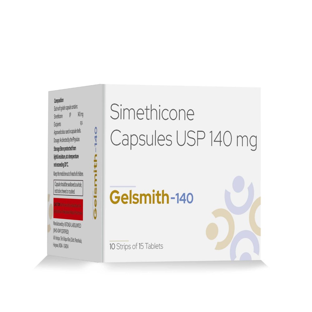 Simethicone Capsules USP 140 Mg – GELSMITH-140, Compositions of Simethicone Capsules USP 140 Mg – GELSMITH-140 are SIMETHICONE 140MG, Simethicone Capsules USP 140 Mg – GELSMITH-140 offered by CistaMedicorp