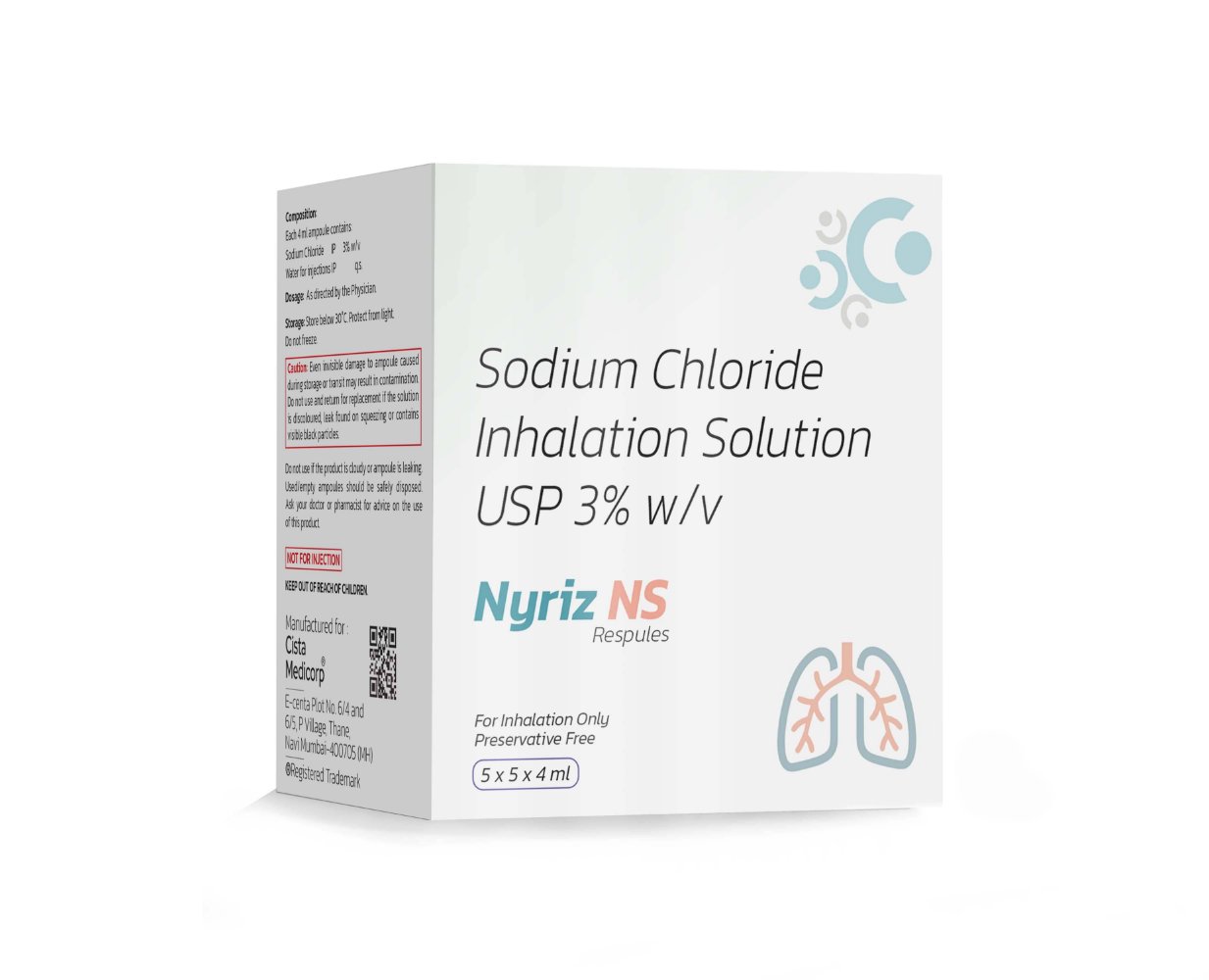 Sodium Chloride Inhalation Solution USP 3% w/v – NYRIZ NS Respules, Compositions of Sodium Chloride Inhalation Solution USP 3% w/v – NYRIZ NS Respules are Sodium chloride inhalation solution 3% w/v, Sodium Chloride Inhalation Solution USP 3% w/v – NYRIZ NS Respules offered by CistaMedicorp