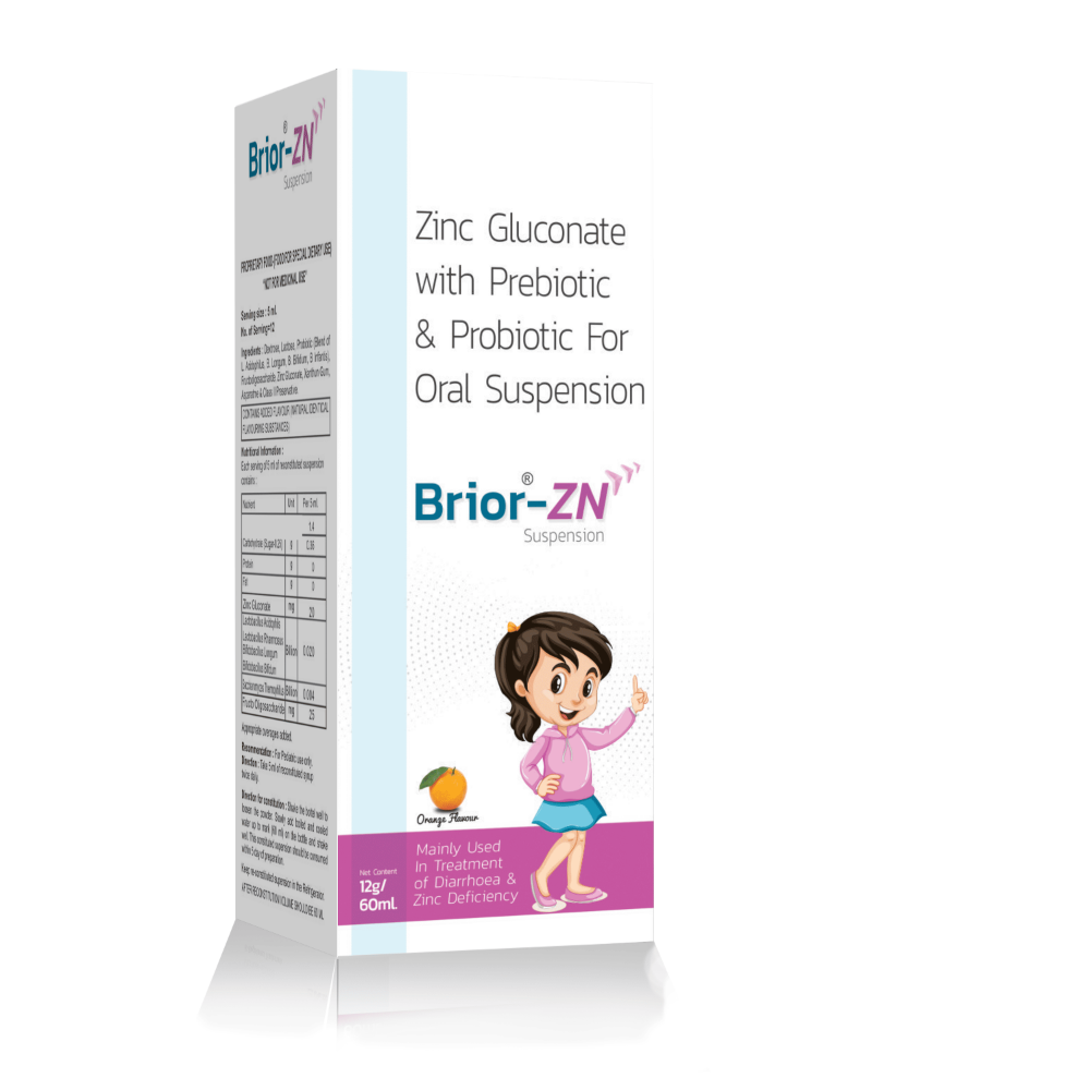 Zinc Gluconate with Prebiotic & Probiotic Oral Suspension – BRIOR ZN, Compositions of Zinc Gluconate with Prebiotic & Probiotic Oral Suspension – BRIOR ZN are Zinc Gluconate 20mg (Lactobacillus Acidophils Lactobacillus Rhamnosus Bifidobacillus Longum bifidobacillus Bifidum) 0.020 billion Saccharomyces Thermophillus 0.004 Billion Fructo Oligosaccharide 25mg Oral Suspension in (Orange Flavour), Zinc Gluconate with Prebiotic & Probiotic Oral Suspension – BRIOR ZN offered by CistaMedicorp