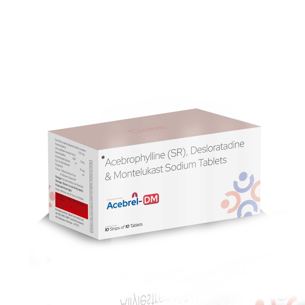 Acebrophylline Sustained Release, Desloratadine & Montelukast Sodium Tablets – ACEBREL DM, Compositions of Acebrophylline Sustained Release, Desloratadine & Montelukast Sodium Tablets – ACEBREL DM are Acebrophylline 200 mg + Montelukast 10mg + Desloratadine 5mg, Acebrophylline Sustained Release, Desloratadine & Montelukast Sodium Tablets – ACEBREL DM offered by CistaMedicorp