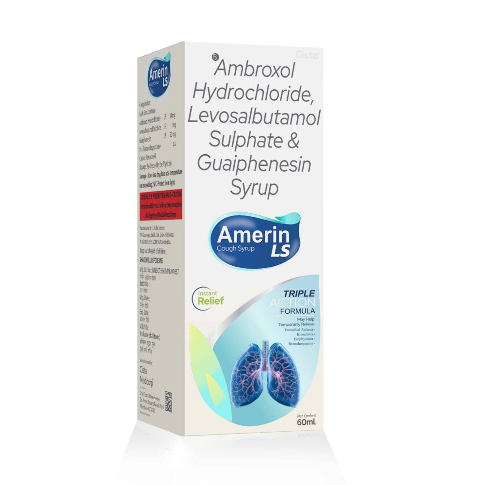 Ambroxol Hydrochloride, Levosalbutamol Sulphate & Guaifenesin Syrup – AMERIN LS 60, Compositions of Ambroxol Hydrochloride, Levosalbutamol Sulphate & Guaifenesin Syrup – AMERIN LS 60 are Ambroxol Hydrochloride 30 MG, Guaiphensin IP 50 MG, Levosalbutamol 1 mg Syp, Ambroxol Hydrochloride, Levosalbutamol Sulphate & Guaifenesin Syrup – AMERIN LS 60 offered by CistaMedicorp