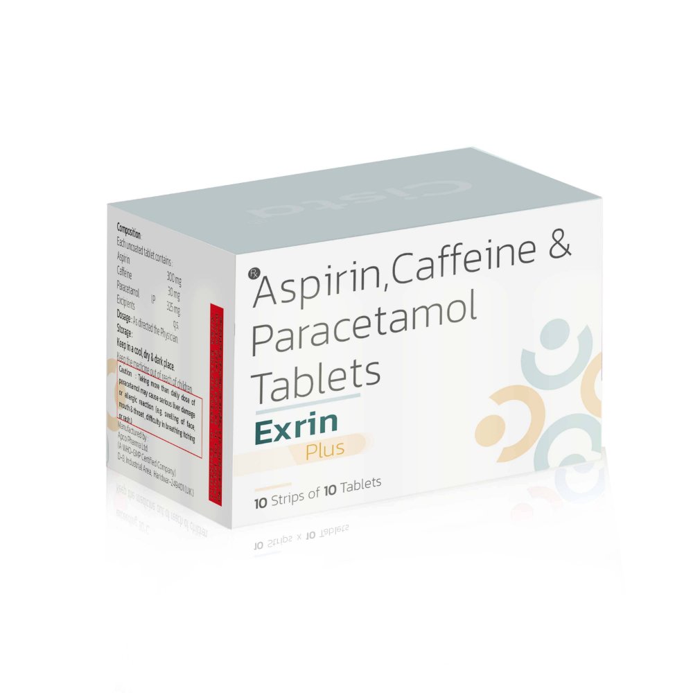 Aspirin, Caffeine & Paracetamol Tablets – EXRIN PLUS, Compositions of Aspirin, Caffeine & Paracetamol Tablets – EXRIN PLUS are ASPIRIN-300mg + CAFFEINE-30mg + PARACETAMOL 150mg, Aspirin, Caffeine & Paracetamol Tablets – EXRIN PLUS offered by CistaMedicorp