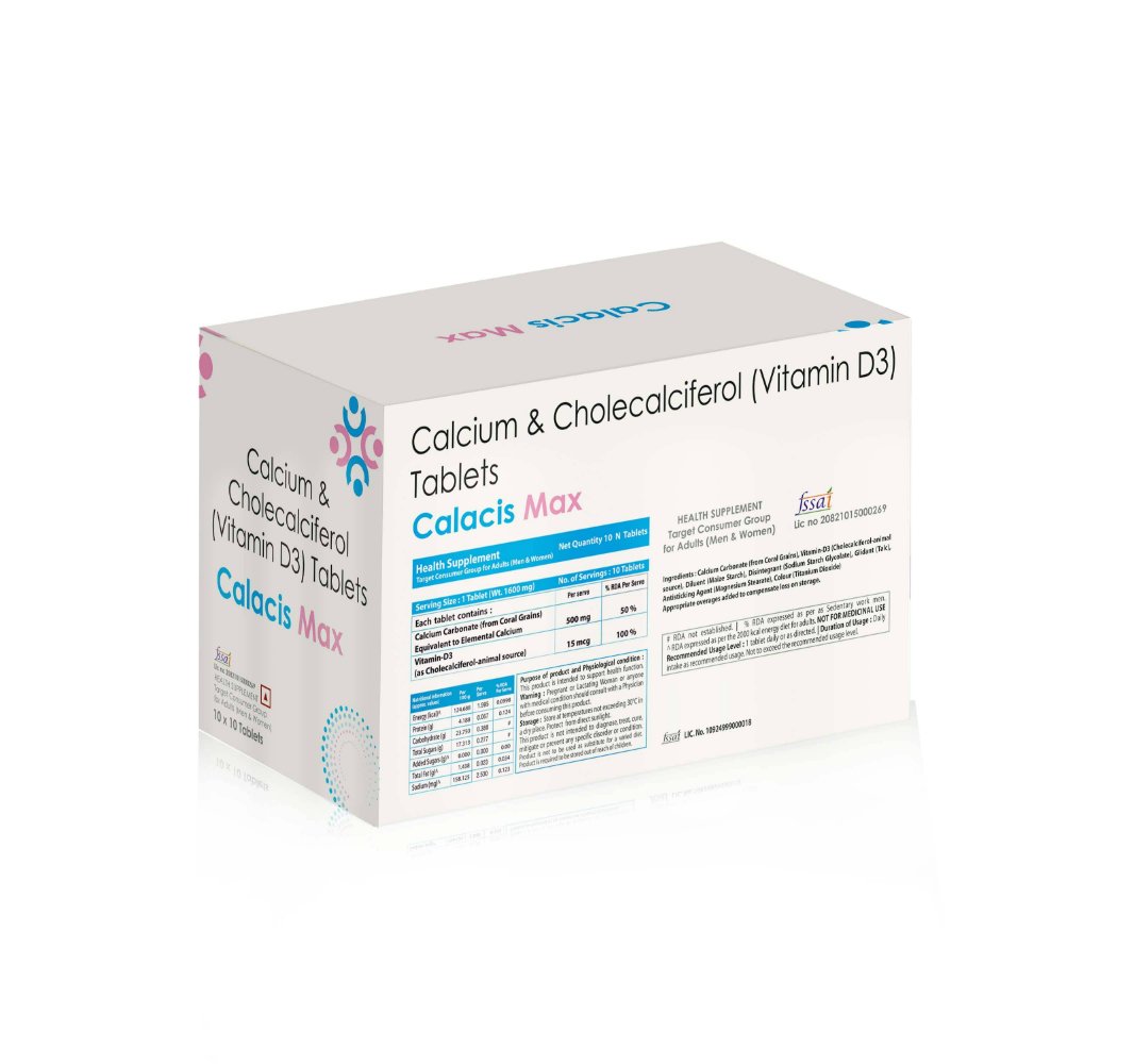 Calcium & Cholecalciferol (Vitamin D3) Tablets – CALACIS MAX, Compositions of Calcium & Cholecalciferol (Vitamin D3) Tablets – CALACIS MAX are Calcium Carbonate 500mg choleccalcifer ol (Vitamin D3) 15mcg HEALTH SUPPLEMENT for Adult (Men & Women), Calcium & Cholecalciferol (Vitamin D3) Tablets – CALACIS MAX offered by CistaMedicorp