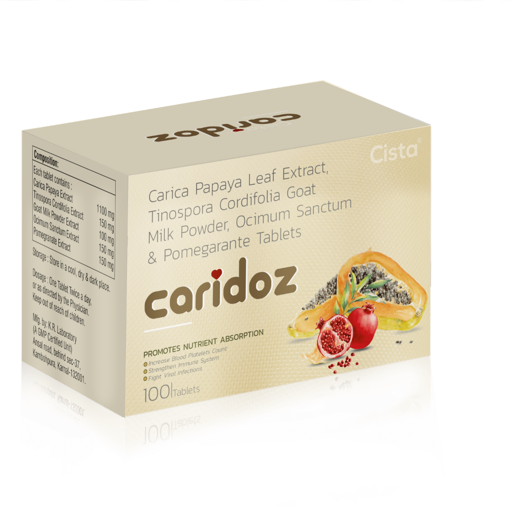 Carica Papaya Extract, Tinospora Cordifolia, Goat Milk Powder, Ocimum Sanctum, & Pomegranate Tablets – CARIDOZ Tablets, Compositions of Carica Papaya Extract, Tinospora Cordifolia, Goat Milk Powder, Ocimum Sanctum, & Pomegranate Tablets – CARIDOZ Tablets are Carica Papaya Extract 1100 mg ,Tinospora Coprdifolia Extract 150mg , Goat Milk Powder Extract 100 mg , Ocimum Sanctum Extract 150mg , Pomergrante Extract 150 mg, Carica Papaya Extract, Tinospora Cordifolia, Goat Milk Powder, Ocimum Sanctum, & Pomegranate Tablets – CARIDOZ Tablets offered by CistaMedicorp