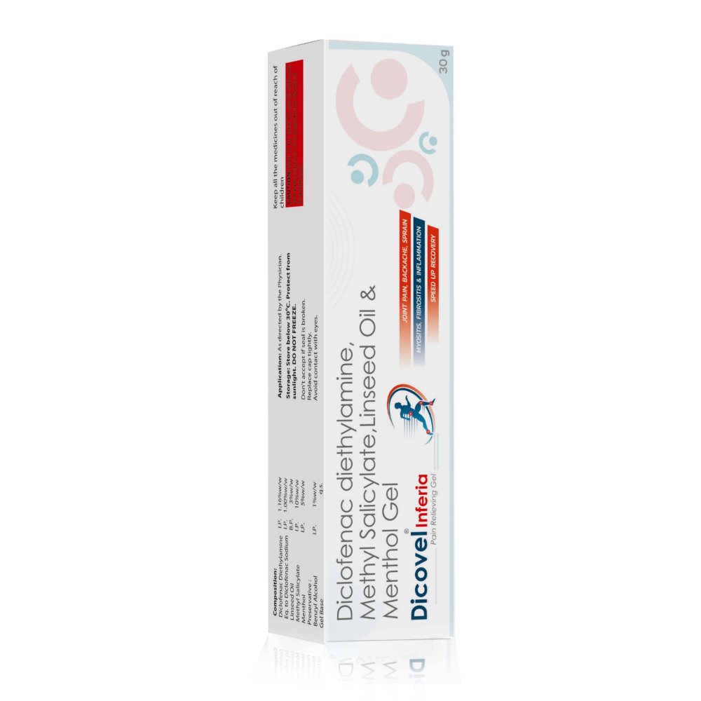 Diclofenac Diethylamine, Methyl Salicylate, Linseed Oil & Menthol Gel – DICOVEL INFERIA, Compositions of Diclofenac Diethylamine, Methyl Salicylate, Linseed Oil & Menthol Gel – DICOVEL INFERIA are Diclofenac Diethylamine 1.16% w/w Eq.to Diclofenac Sodium 1.00% w/w Methyl Salicylate 10% w/w Linseed Oil 3% w/w Menthol 5% w/w, Diclofenac Diethylamine, Methyl Salicylate, Linseed Oil & Menthol Gel – DICOVEL INFERIA offered by CistaMedicorp