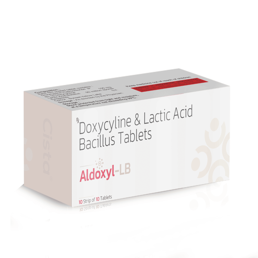 Doxycycline & Lactic Acid Bacillus Tablets – Aldoxyl LB Tablets, Compositions of Doxycycline & Lactic Acid Bacillus Tablets – Aldoxyl LB Tablets are Doxycycline HCl 100mg + Lactic Acid Bacillus 90 Million spores, Doxycycline & Lactic Acid Bacillus Tablets – Aldoxyl LB Tablets offered by CistaMedicorp