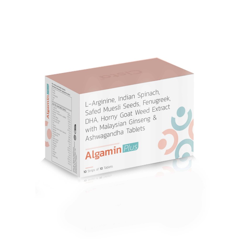 L-Arginine, Indian Spinach, Safed Musli Seeds, Fenugreek, DHA, Horny Goat Weed Extract, Malaysian Ginseng & Ashwagandha Tablets – ALGAMIN PLUS Tablets, Compositions of L-Arginine, Indian Spinach, Safed Musli Seeds, Fenugreek, DHA, Horny Goat Weed Extract, Malaysian Ginseng & Ashwagandha Tablets – ALGAMIN PLUS Tablets are L-arginine 500 mg + Tribulus Terrestris 200 mg + Eurycoma Longifolia 50 mg +Asteracntha Longifolia 50 mg + Mucuna Prureins 100mg +Gingko Biloba 25 mg + Horny Goat Weed 25 mg + Co-enzyme Q10 50 mg + Zinc 22.8 mg + Piperine 5 mg + Yohimbine Bark Extract 3 mg + Selenium 40 mcg +Malaysian Ginseng 50mg+Ashwagandha 200mg+Garlic ext 5mg+Indian Spinach 5mg+Safed Muesli 100mg+ Shatawari 100mg+fenugreek Ext. 10mg+Vit B6 3mg+DHEA 50mg + Shilajit 50 mg, L-Arginine, Indian Spinach, Safed Musli Seeds, Fenugreek, DHA, Horny Goat Weed Extract, Malaysian Ginseng & Ashwagandha Tablets – ALGAMIN PLUS Tablets offered by CistaMedicorp