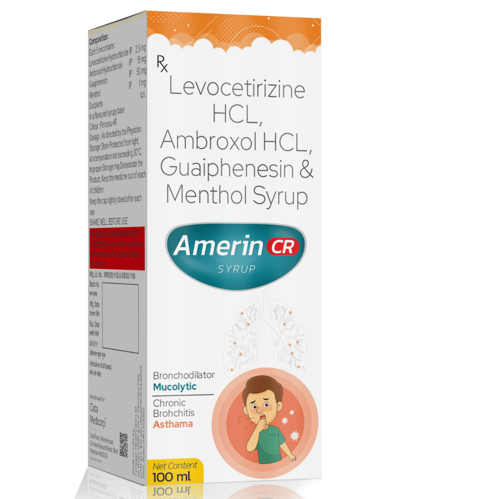 Levocetirizine Hydrochloride, Ambroxol Hydrochloride, Guaiphenesin & Menthol Syrup – AMERIN-CR SYRUP, Compositions of Levocetirizine Hydrochloride, Ambroxol Hydrochloride, Guaiphenesin & Menthol Syrup – AMERIN-CR SYRUP are Ambroxol 15MG + Guaiphenesin 50MG + Levocetirizine 2.5MG + Menthol 1MG, Levocetirizine Hydrochloride, Ambroxol Hydrochloride, Guaiphenesin & Menthol Syrup – AMERIN-CR SYRUP offered by CistaMedicorp