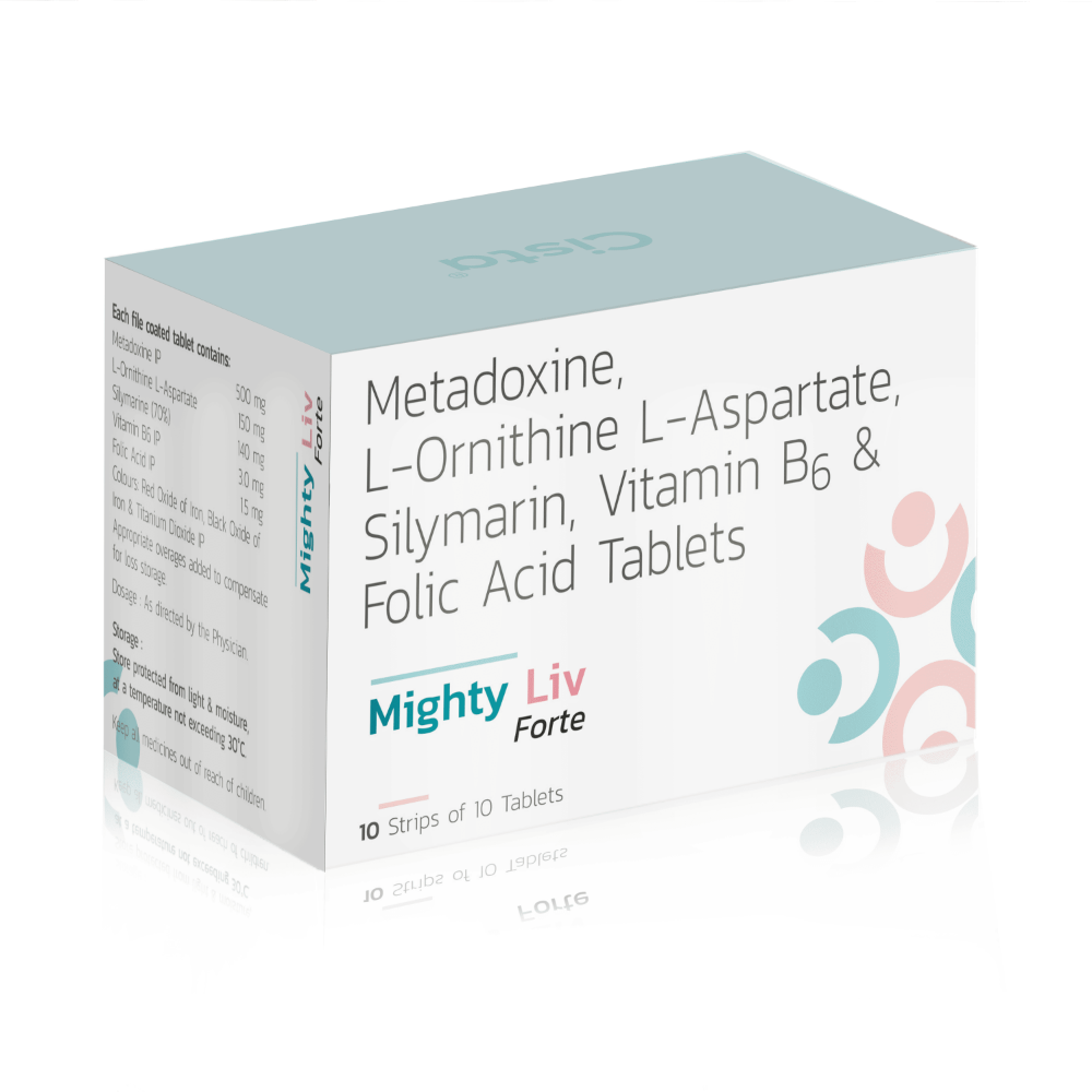 Metadoxine L-Ornithine L-Aspartate Silymarin Vitamin B6 & Folic Acid Tablets – MIGHTY LIV FORTE, Compositions of Metadoxine L-Ornithine L-Aspartate Silymarin Vitamin B6 & Folic Acid Tablets – MIGHTY LIV FORTE are 