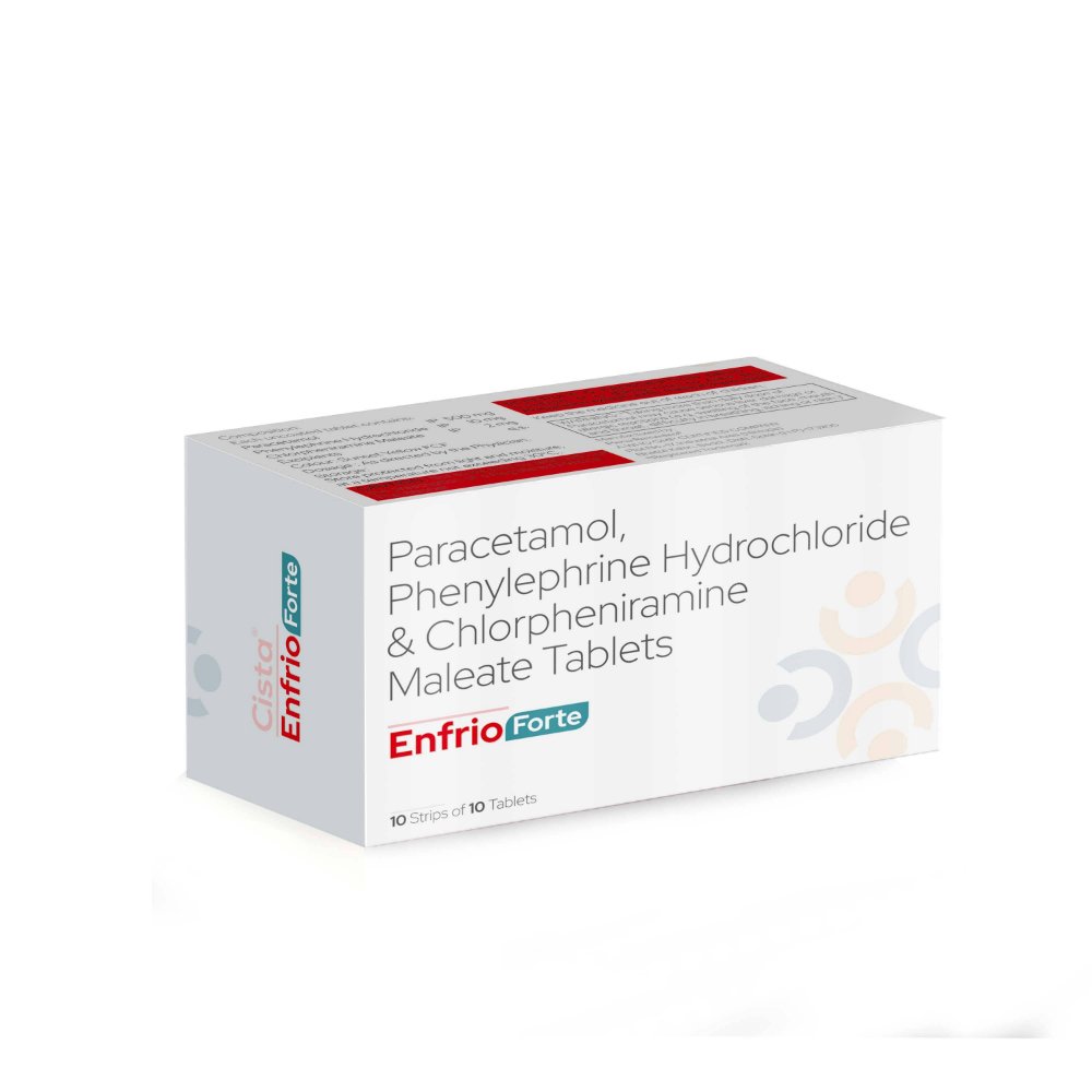 Paracetamol, Phenylephrine HCl & Chlorpheniramine Maleate Tablets – ENFRIO FORTE, Compositions of Paracetamol, Phenylephrine HCl & Chlorpheniramine Maleate Tablets – ENFRIO FORTE are Paracetamol 500Mg + Phenylephrine Hydrochloride 10 Mg & Chlorpheniramine maleate 2Mg, Paracetamol, Phenylephrine HCl & Chlorpheniramine Maleate Tablets – ENFRIO FORTE offered by CistaMedicorp