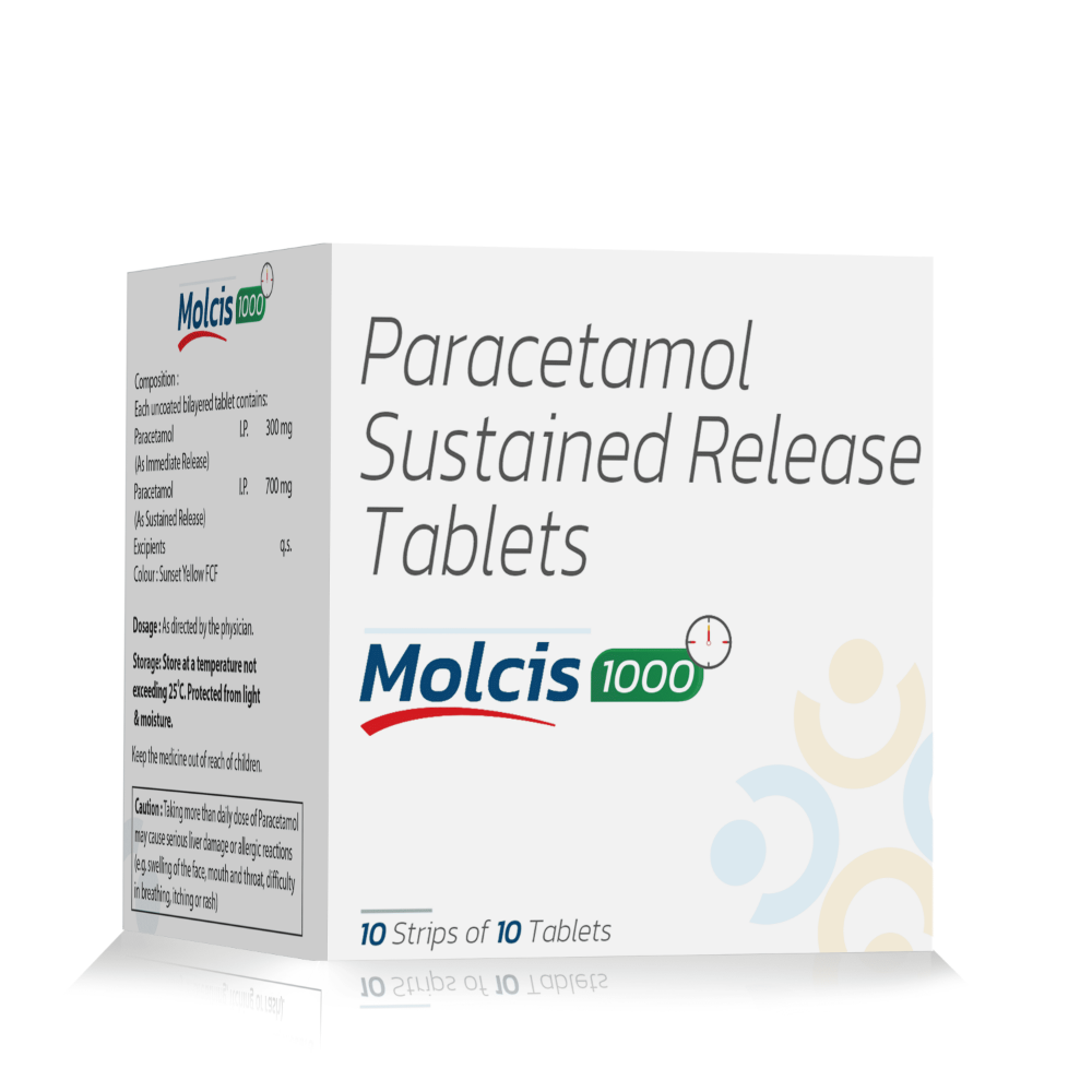 Paracetamol Sustained Release Tablets – MOLCIS-1000, Compositions of Paracetamol Sustained Release Tablets – MOLCIS-1000 are Paracetamol 1gm SR (Bi-Layered Tablet ), Paracetamol Sustained Release Tablets – MOLCIS-1000 offered by CistaMedicorp