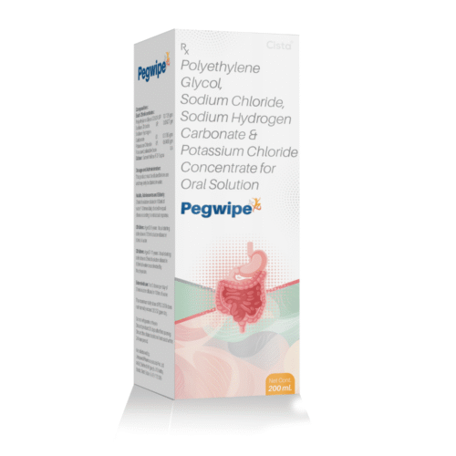 Polyethylene Glycol, Sodium Chloride, Sodium Bicarbonate & Potassium Chloride Oral Solution – PEGWIPE SUSPENSION, Compositions of Polyethylene Glycol, Sodium Chloride, Sodium Bicarbonate & Potassium Chloride Oral Solution – PEGWIPE SUSPENSION are Polyethylene Glycol 03350 USP 13.125 gm + Sodium Chloride I.P. 0.3507 gm + Sodium Hydrogen Carbonate I.P. 0.1785 gm + Potassium Chloride L.P. 0.0466 gm, Polyethylene Glycol, Sodium Chloride, Sodium Bicarbonate & Potassium Chloride Oral Solution – PEGWIPE SUSPENSION offered by Cista Medicorp