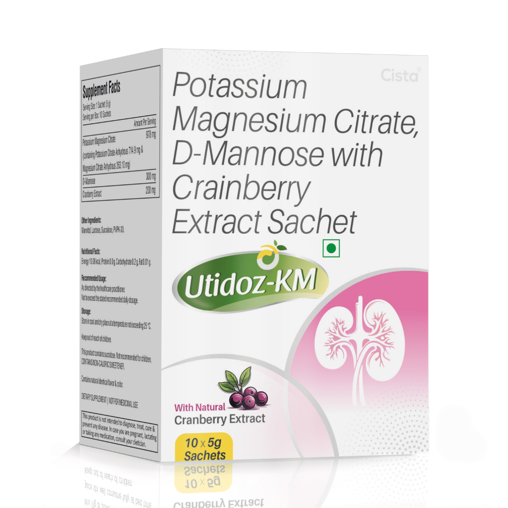 Potassium Magnesium Citrate D-Mannose & Cranberry Extract Sachets – UTIDOZ-KM, Compositions of Potassium Magnesium Citrate D-Mannose & Cranberry Extract Sachets – UTIDOZ-KM are Potassium magnesium citrate 978mg + D- mannose 300mg + cranberry extract 200mg sachets, Potassium Magnesium Citrate D-Mannose & Cranberry Extract Sachets – UTIDOZ-KM offered by CistaMedicorp