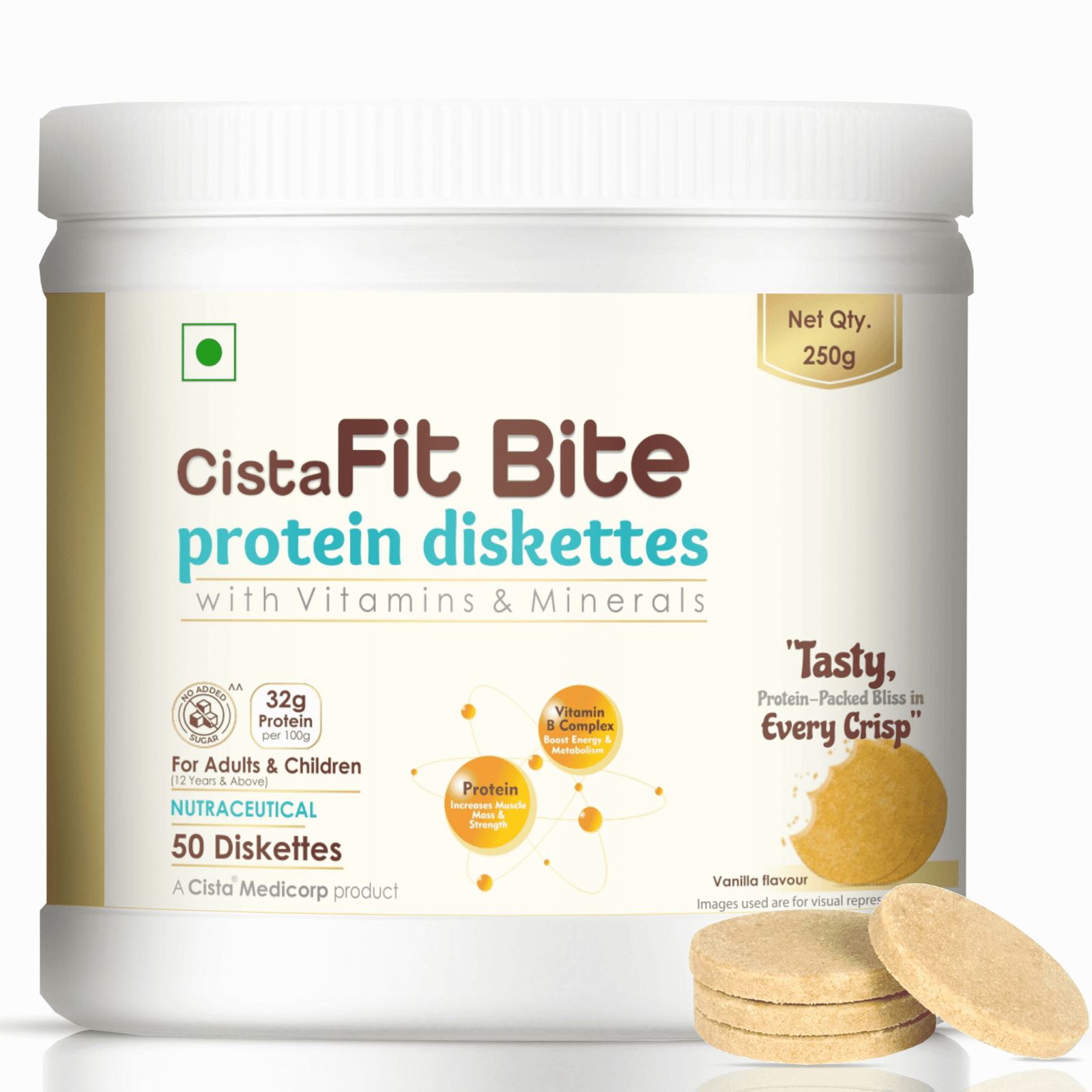 Protein Diskettes with Vitamins & Minerals (Vanilla Flavour) – CistaFit Bite Diskettes, Compositions of Protein Diskettes with Vitamins & Minerals (Vanilla Flavour) – CistaFit Bite Diskettes are Protein diskettes with Vitamins & Minerals (Vanilla Flavour), Protein Diskettes with Vitamins & Minerals (Vanilla Flavour) – CistaFit Bite Diskettes offered by CistaMedicorp