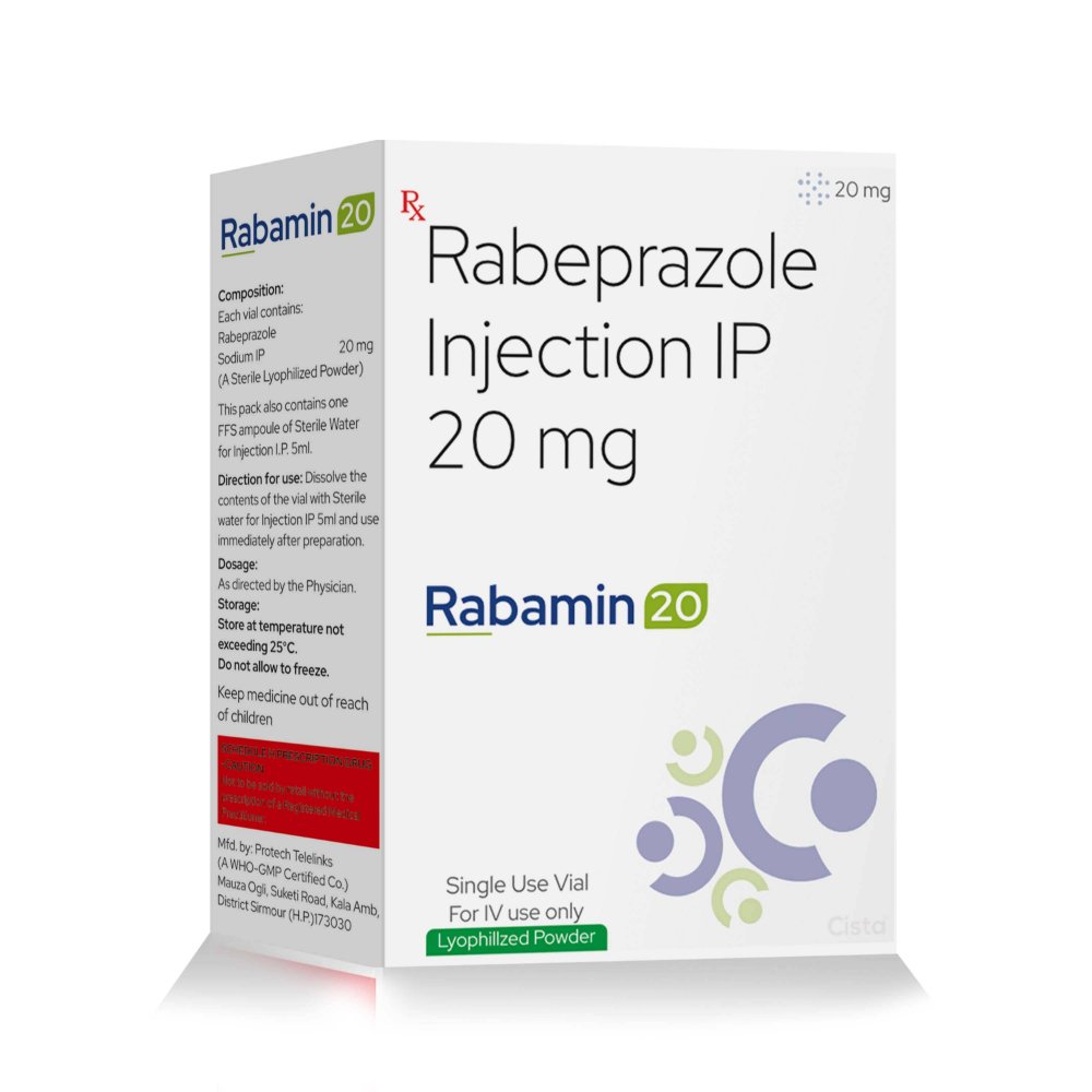 Rabeprazole Sodium Injection IP 20 Mg  – RABAMIN 20 Injection, Compositions of Rabeprazole Sodium Injection IP 20 Mg  – RABAMIN 20 Injection are Rabeprazole Sodium 20 mg IP, Rabeprazole Sodium Injection IP 20 Mg  – RABAMIN 20 Injection offered by CistaMedicorp