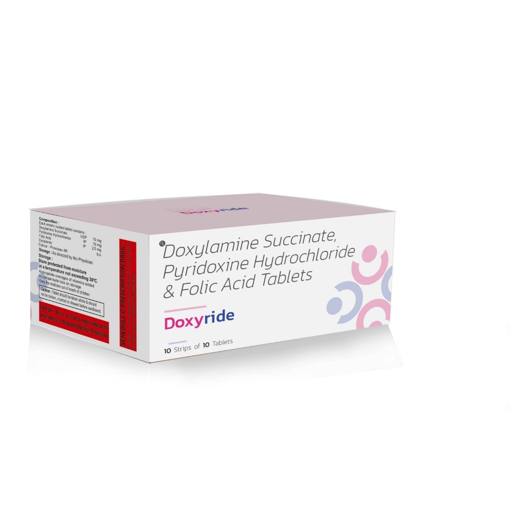 Doxylamine Succinate Pyridoxine Hydrochloride & Folic Acid Tablets – DOXYRIDE, Compositions of Doxylamine Succinate Pyridoxine Hydrochloride & Folic Acid Tablets – DOXYRIDE are Doxylamine Succinate 10 mg & Pyridoxine hydrochloride 10 mg & Folic Acid 2.5 mg, Doxylamine Succinate Pyridoxine Hydrochloride & Folic Acid Tablets – DOXYRIDE offered by CistaMedicorp