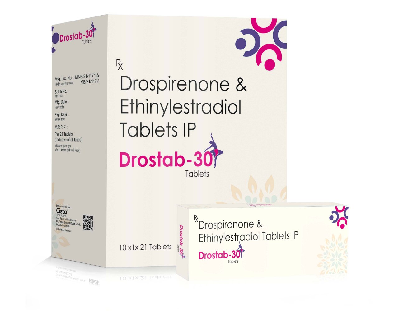 Drospirenone & Ethinylestradiol Tablets IP – DROSTAB-30, Compositions of Drospirenone & Ethinylestradiol Tablets IP – DROSTAB-30 are Drospirenone 3mg & Ethinylestradiol 0.003mg, Drospirenone & Ethinylestradiol Tablets IP – DROSTAB-30 offered by CistaMedicorp