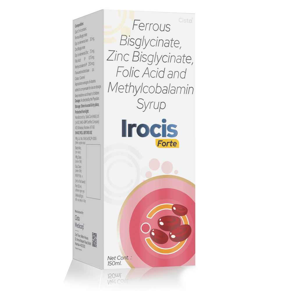 Ferrous Bisglycinate Zinc Bisglycinate Folic Acid & Methylcobalamin Syrup – IROCIS FORTE, Compositions of Ferrous Bisglycinate Zinc Bisglycinate Folic Acid & Methylcobalamin Syrup – IROCIS FORTE are Ferrous Bisglycinate eq. To elemental iron 30 Mg + Zinc Bisglycinate eq. To elemental zinc 7.5Mg + Folic Acid 0.75 Mg + Methylcobalamin250Mcg(Drug), Ferrous Bisglycinate Zinc Bisglycinate Folic Acid & Methylcobalamin Syrup – IROCIS FORTE offered by CistaMedicorp